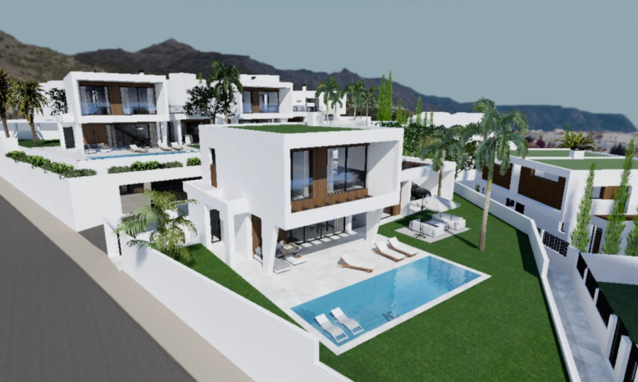 9 villas neuves avec piscine privée, vue mer et à 800 mètres de la plage de Burriana.